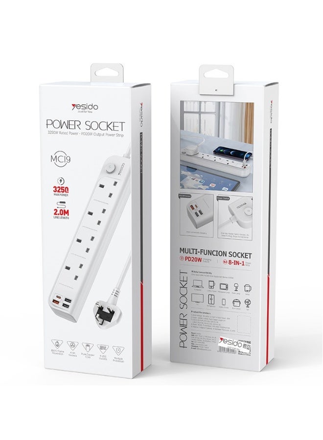 Beauenty PD20W fast charging porous plug-in 3250W multifunctional household appliance socket British USB2 2m strip-line plug-in board - Image 1