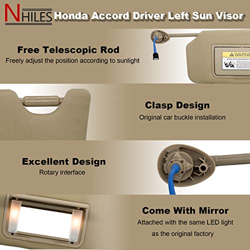 NHILES Left Driver & Right Passenger Side Sun Visor Compatible with Honda Accord 2008 2009 2010 2011 2012 2013 2014 2015 2016 2017 with Light Replaces # 83230TA0A91ZB (Beige) - Image 3