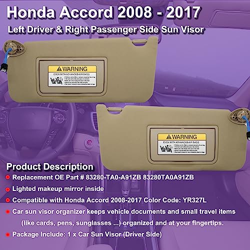 NHILES Left Driver & Right Passenger Side Sun Visor Compatible with Honda Accord 2008 2009 2010 2011 2012 2013 2014 2015 2016 2017 with Light Replaces # 83230TA0A91ZB (Beige) - Image 2