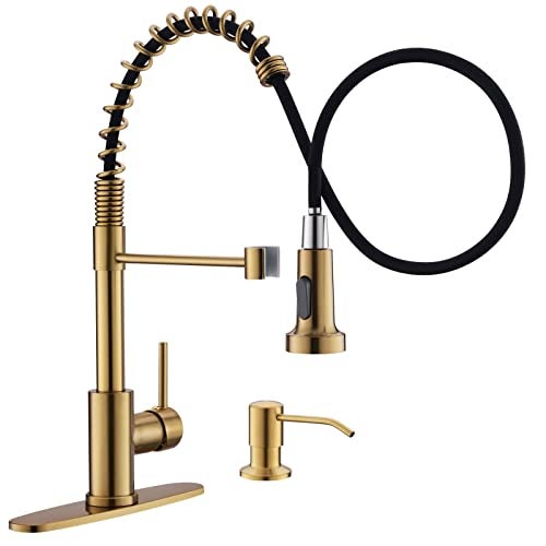 GIMILI Brushed Gold Kitchen Faucet with Soap Dispenser Commercial Single Handle Spring Pull Out Kitchen Sink Faucets with Pull Down Sprayer
