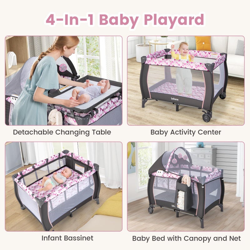 INFANS 4 in 1 Pack and Play, Portable Travel Baby Playard with Bassinet, Changing Table, Canopy, Mosquito Net, Hanging Toys, Music Box, Storage Bag, Large Playpen from Newborn to Toddlers (Pink) - Image 5
