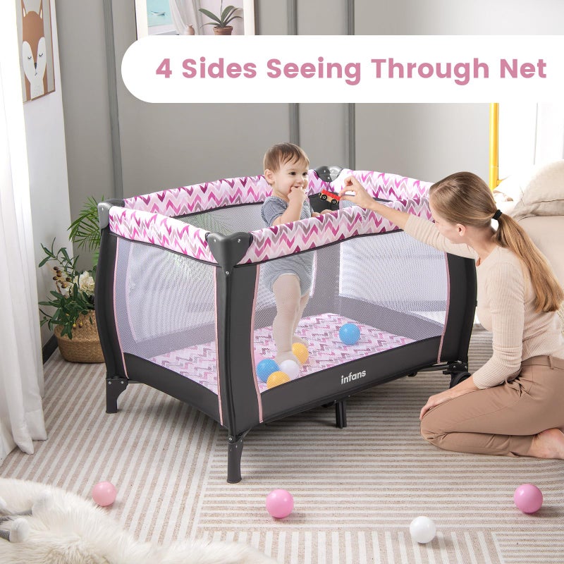 INFANS 4 in 1 Pack and Play, Portable Travel Baby Playard with Bassinet, Changing Table, Canopy, Mosquito Net, Hanging Toys, Music Box, Storage Bag, Large Playpen from Newborn to Toddlers (Pink) - Image 2