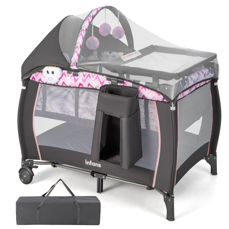 INFANS 4 in 1 Pack and Play, Portable Travel Baby Playard with Bassinet, Changing Table, Canopy, Mosquito Net, Hanging Toys, Music Box, Storage Bag, Large Playpen from Newborn to Toddlers (Pink) - Image 1