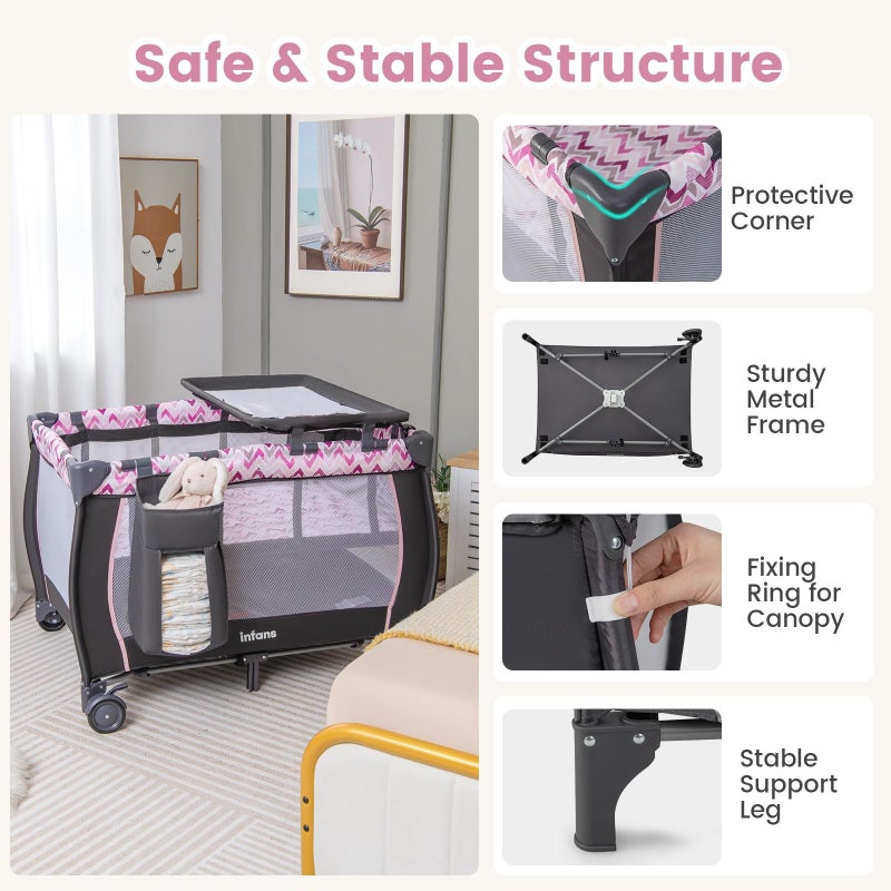 INFANS 4 in 1 Pack and Play, Portable Travel Baby Playard with Bassinet, Changing Table, Canopy, Mosquito Net, Hanging Toys, Music Box, Storage Bag, Large Playpen from Newborn to Toddlers (Pink) - Image 4