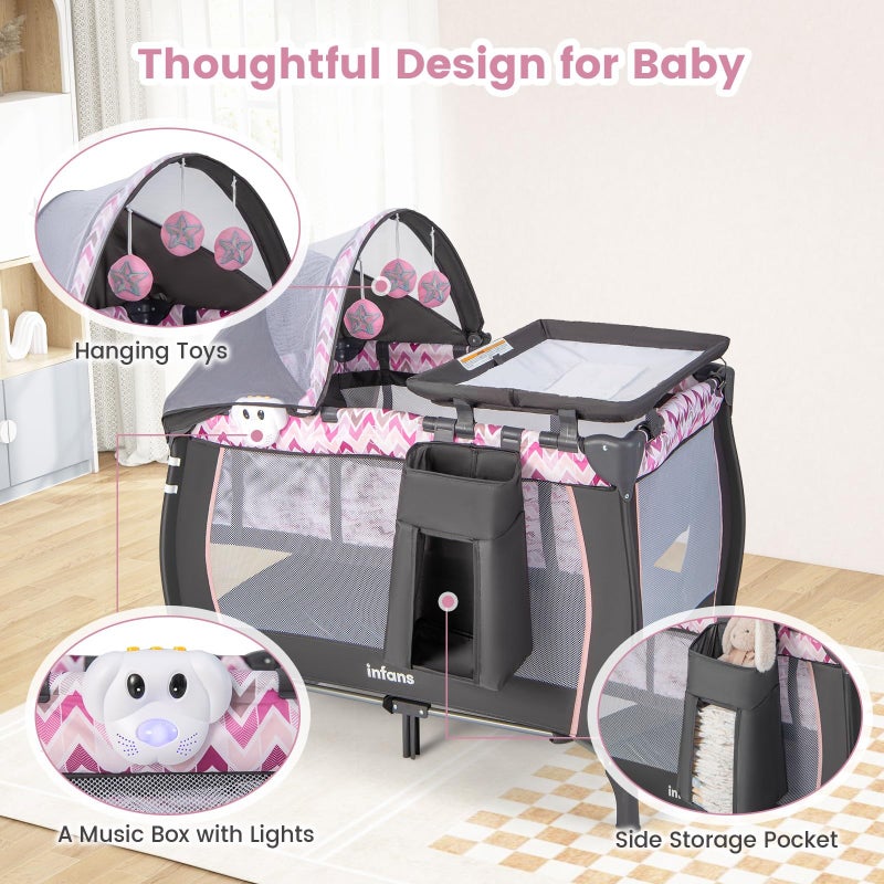 INFANS 4 in 1 Pack and Play, Portable Travel Baby Playard with Bassinet, Changing Table, Canopy, Mosquito Net, Hanging Toys, Music Box, Storage Bag, Large Playpen from Newborn to Toddlers (Pink) - Image 3