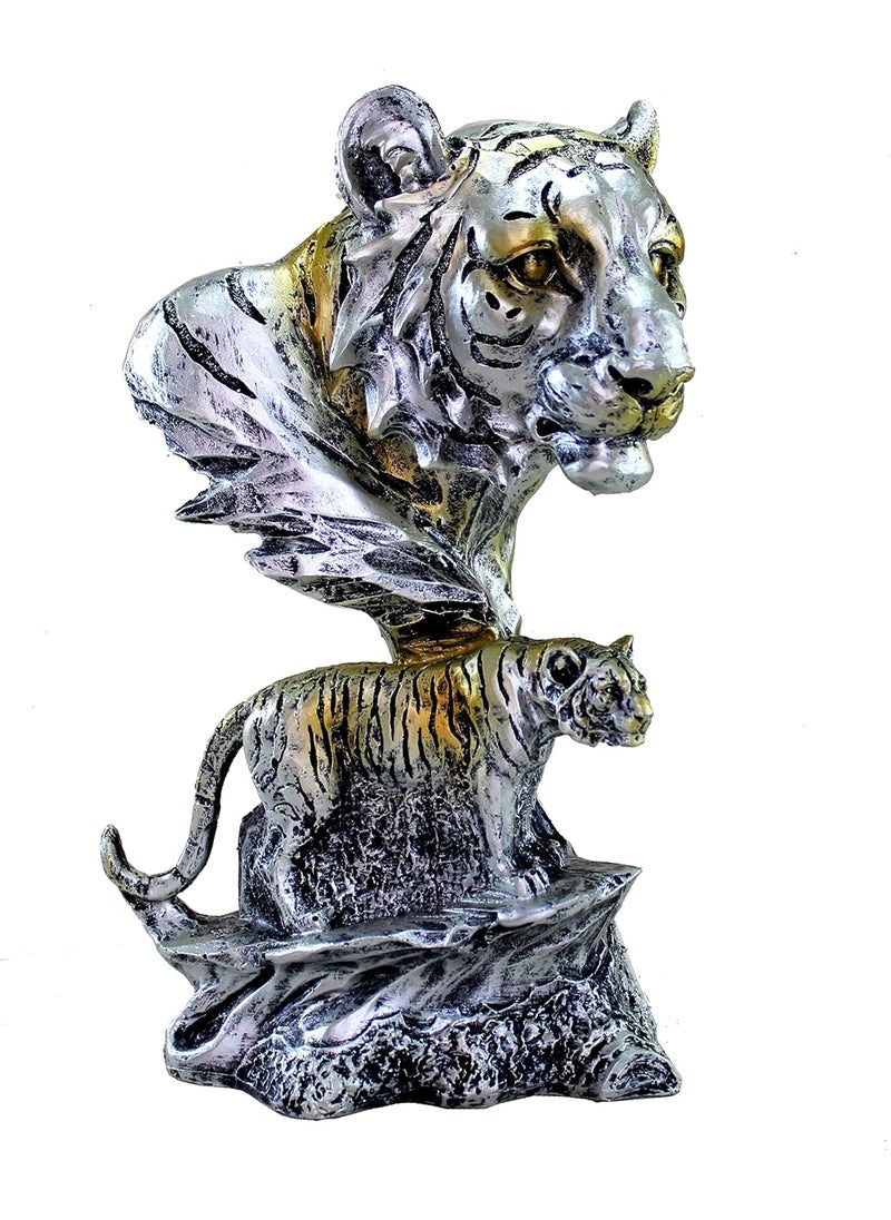 ESPLANADE eSplanade Resin Tiger Face with Standing Tiger Sculpture Statue Figurine Showpiece  Statement Decorative Item Home Decor  Grey  9 Inches  - Image 1