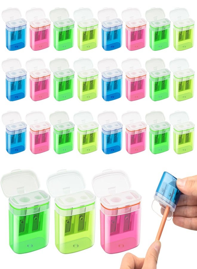 JEFURE 24 Pcs 2 Holes Small Manual Pencil Sharpener with Lid, Colored Handheld Dual Hole Pencil Sharpeners Bulk, Crayon Colored Pencils Sharpener, Pencil Sharpener for Kids, Office, School, Classroom - Image 1
