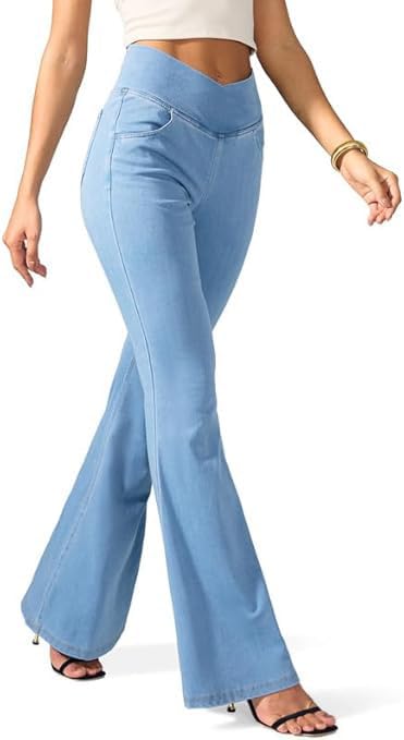 ADBUCKS Flared Jeans for Women High Waisted Bell Bottom Jeans Trendy Stretchy Flare Jeggings with Pockets (in, Numeric, 28, Icyblue) - Image 1