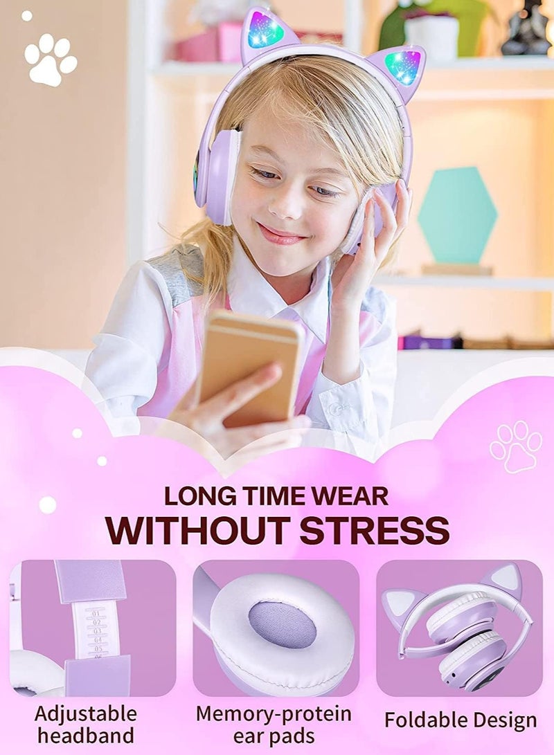 general Wireless headphone with cat ear design with microphone and glowing blue light for computer and mobile games - Image 2