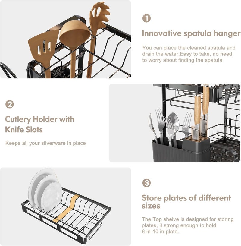 BOOSINY 2 Tier Stainless Steel Dish Drying Stand for Kitchen Counter, Space Saving Dish Drying Rack with Auto Drainage Drip Tray, Dish Rack with Utensils, Cups and Cutting Board Holder, Small, Black - Image 3