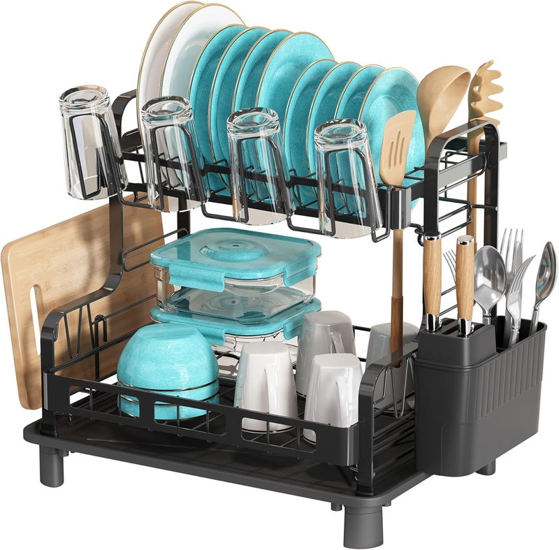 BOOSINY 2 Tier Stainless Steel Dish Drying Stand for Kitchen Counter, Space Saving Dish Drying Rack with Auto Drainage Drip Tray, Dish Rack with Utensils, Cups and Cutting Board Holder, Small, Black - Image 1