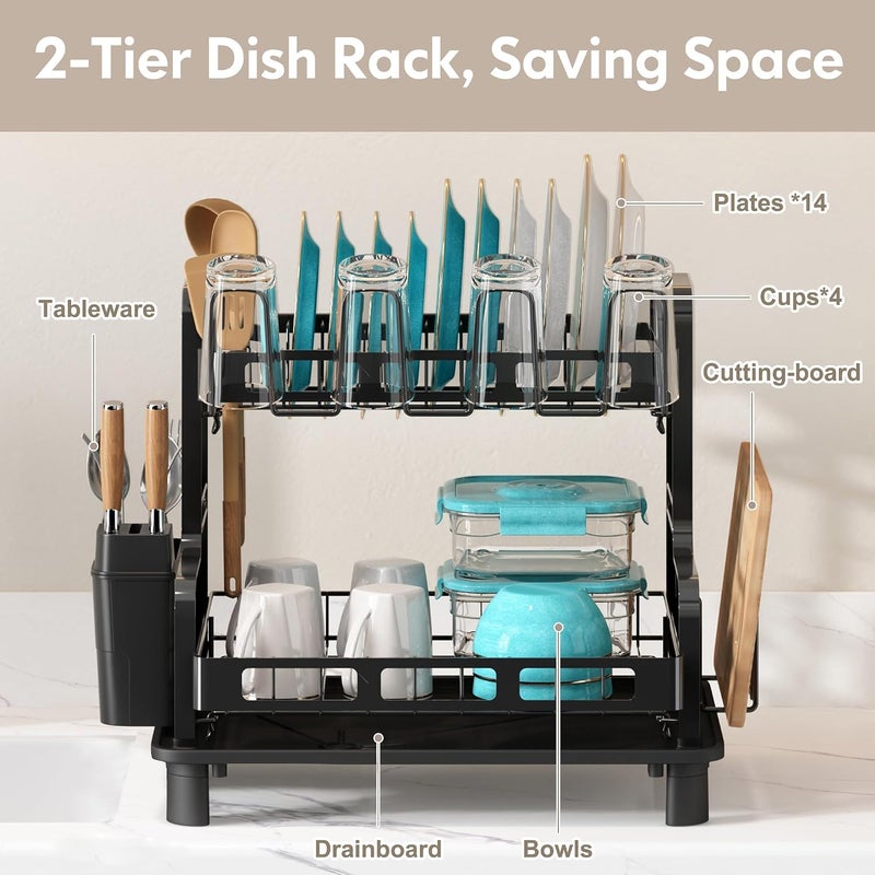 BOOSINY 2 Tier Stainless Steel Dish Drying Stand for Kitchen Counter, Space Saving Dish Drying Rack with Auto Drainage Drip Tray, Dish Rack with Utensils, Cups and Cutting Board Holder, Small, Black - Image 2