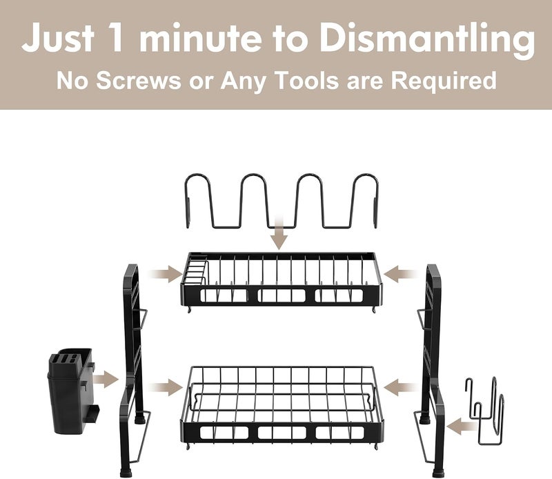BOOSINY 2 Tier Stainless Steel Dish Drying Stand for Kitchen Counter, Space Saving Dish Drying Rack with Auto Drainage Drip Tray, Dish Rack with Utensils, Cups and Cutting Board Holder, Small, Black - Image 5