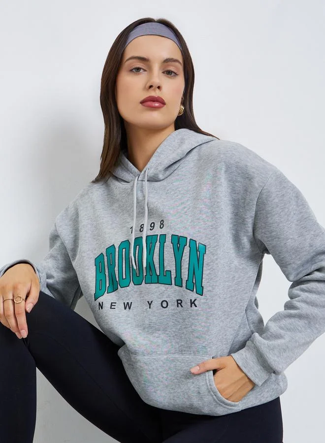 Styli Brooklyn Print Grey Hoodie with Front Pocket