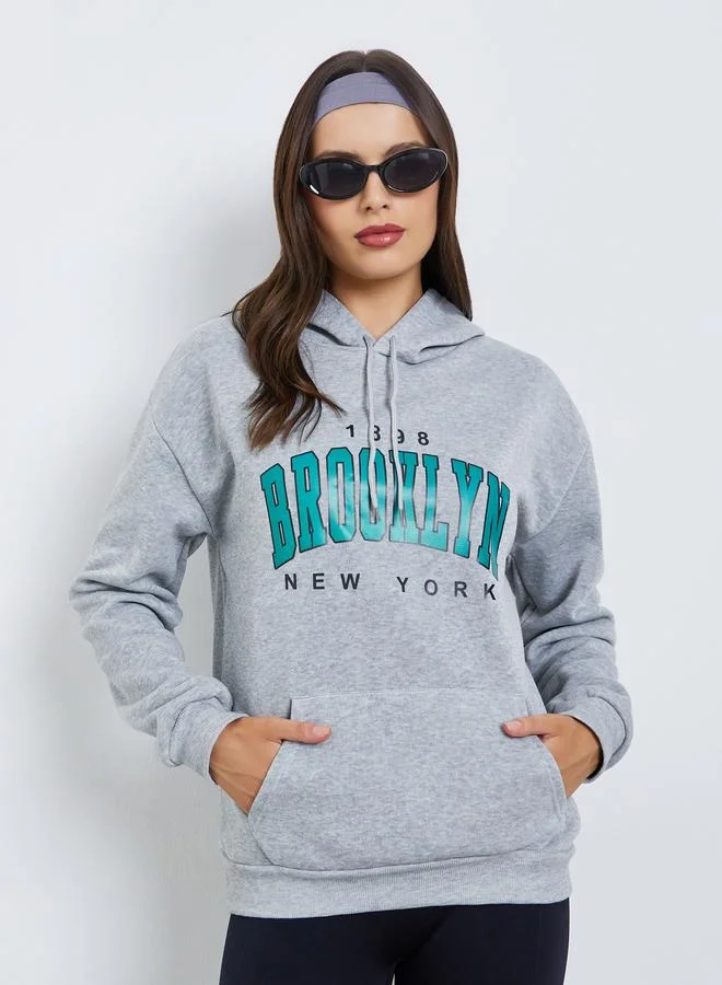 Styli Brooklyn Print Grey Hoodie with Front Pocket
