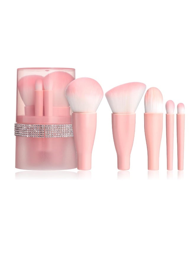 Generic Travel Mini Makeup Brushes Set, Short Portable Travel Brush With Diamond Case, for Contour Blush Foundation Powder Concealers Eye Shadows, Pink 5PCS - Image 1