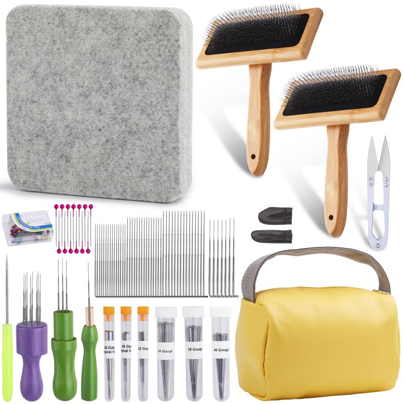 kdafio 74 Needle Felting Tools, Needle Felting Kit with Hand Carders Wooden Wool Carders Needle Felting with Wool Needle Leather Finger Protector for DIY Felting Wool Projects - Image 1