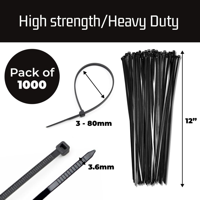 Bolt Dropper 12-Inch Black Zip Ties - 1000-Pack Heavy Duty Wire and Cable Ties - Durable Self-Locking Nylon with 40 lbs Tensile Strength - UV and Temperature Resistant for Indoor and Outdoor Use - Image 3