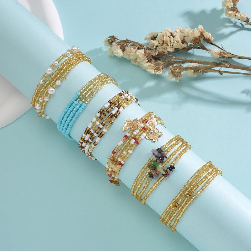 Tornito 8Pcs 31.5 Inches African Waist Bead Chain Elastic Belly Beads Butterfly Shell Layered Body Chain Colorful Jewelry Accessories for Women (F:8Pcs(Yellow)) - Image 2