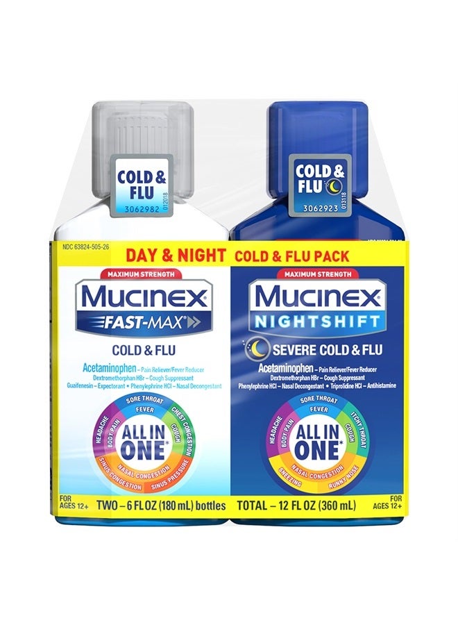 MUCINEX Fast-Max Cold and Flu & Nightshift Severe Cold and Flu Medicine for Adults, Over-the-Counter Medication Combo Pack for Sore Throat Relief, Decongestant, Cough & Cold Medicines, 2 x 6 Fl Oz - Image 1