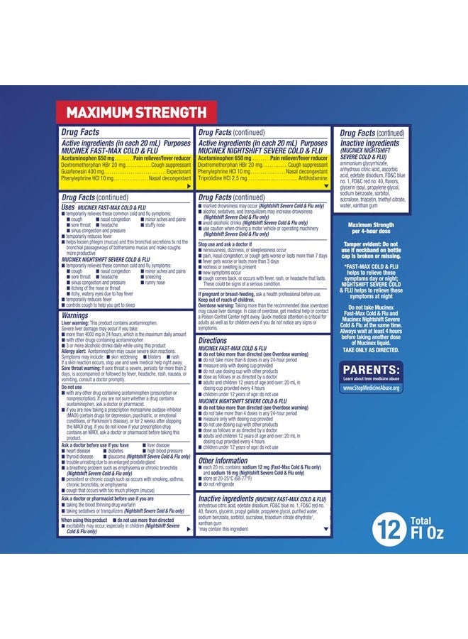MUCINEX Fast-Max Cold and Flu & Nightshift Severe Cold and Flu Medicine for Adults, Over-the-Counter Medication Combo Pack for Sore Throat Relief, Decongestant, Cough & Cold Medicines, 2 x 6 Fl Oz - Image 2