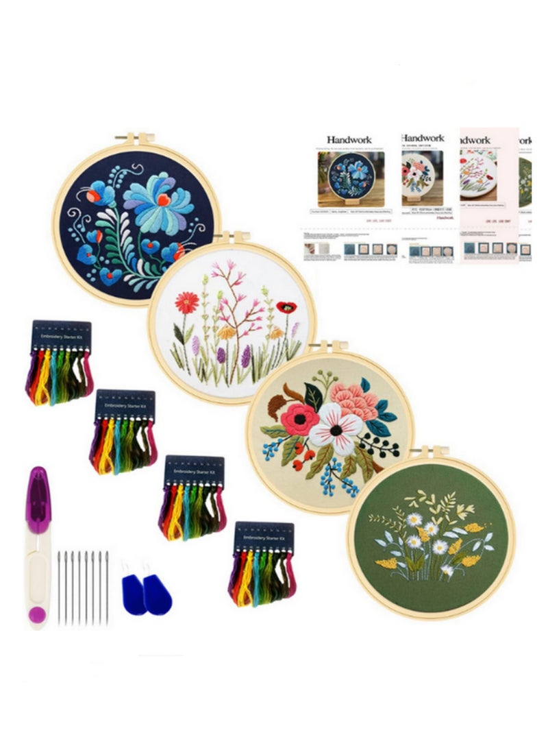 ٤ قطع مجموعة تطريز منقوشة للهواة بتصميم زهور مع خيوط ملونة وأدوات ٢٠x٢٠ سم - Image 1