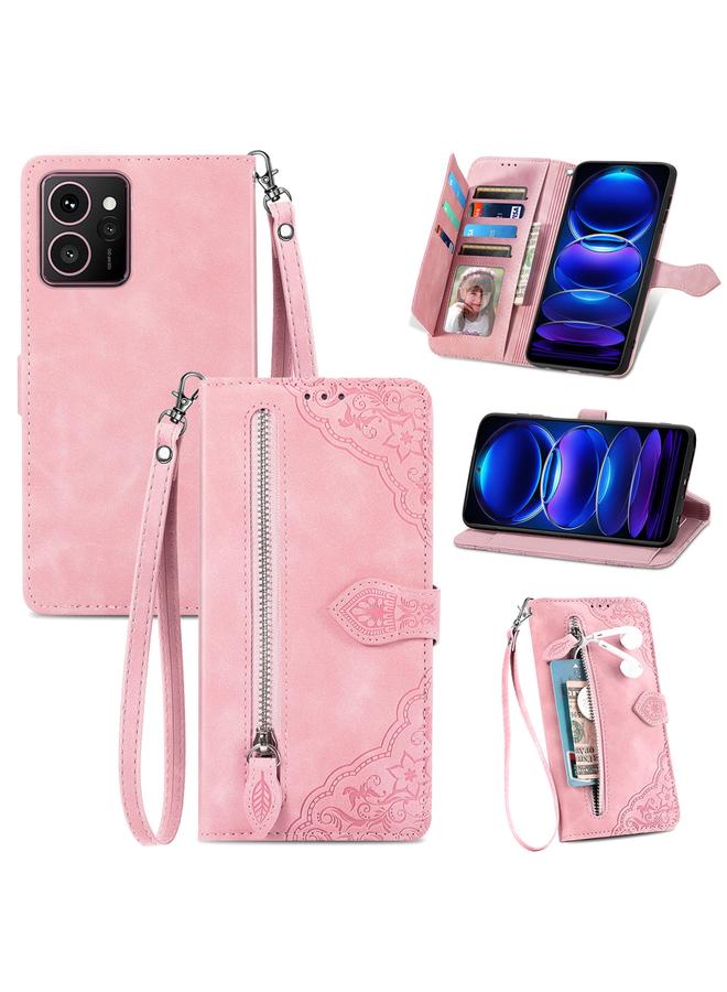 The Bros Phone Case For HMD Skyline Embossed Flower Zipper Leather Phone Phone Case - Image 1