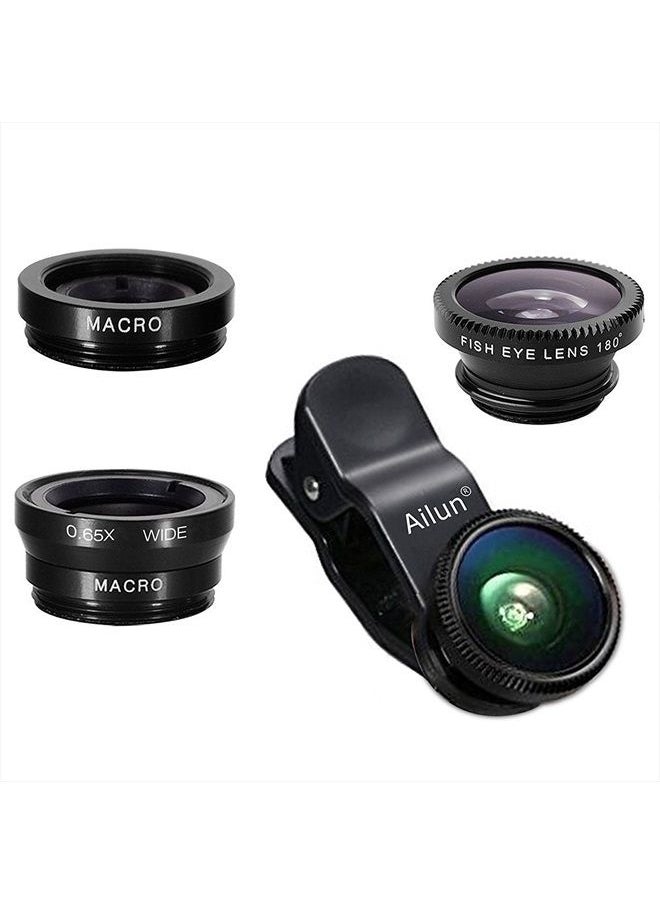 Ailun - Phone Lens,by Ailun,3 in 1 Clip On 180 Degree Fish Eye Lens+0.65X Wide Angle+10X Macro Lens,Universal HD Camera Lens Kit for Mobile Phone,Cellphone,Smart Phone - Image 1