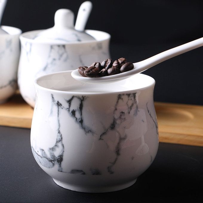 123Arts Ceramics Marbling Sugar Salt Pepper Storage Jar Seasoning Pot with Lid And Spoon - Image 3