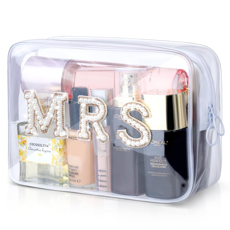 Etercycle MRS Clear Cosmetic Bag, Bachelorette Gifts for Bride Makeup Bag, Portable PVC Travel Toiletry Bag Bling Pearl Rhinestone Patch Letter Bags for Engagement Party Women Wedding Bridal (Gold) - Image 1