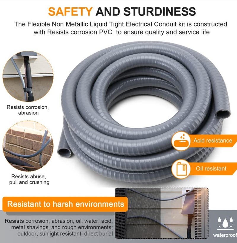 DWALE Liquid-Tight Conduit and Connector Kit, Flexible Non-Metallic Electrical 3/4inch 25ft Conduit, with 5 Straight and 3 Angle Fittings Included, 3/4 in. Dia. - Image 4