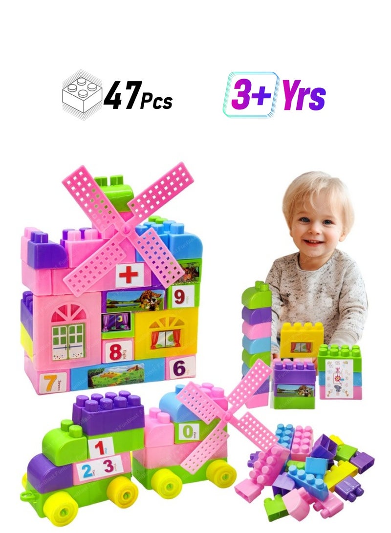FunBlast Building Blocks for Kids - 47 Pcs DIY Plastic Building Blocks with Wheels for Kids, Colorful Interlocking Blocks for 3+ Years Kids, Girls & Boys (Multicolor) - Image 1