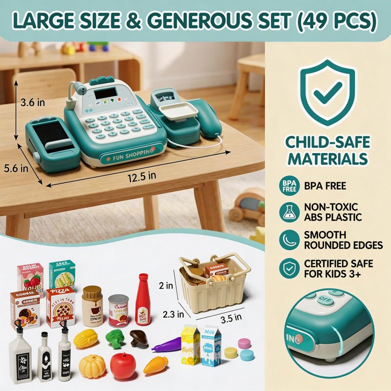 STACTCUTE 49Pcs Cash Register Toy Set for Kids, Pretend Play Grocery Store Cashier Playset with Conveyor Belt, Scanner, Weighing Scale, Calculator & Microphone, Toys Gift for Toddlers Ages 3-8 (Green) - Image 2