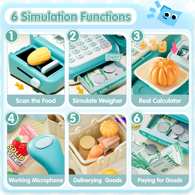 STACTCUTE 49Pcs Cash Register Toy Set for Kids, Pretend Play Grocery Store Cashier Playset with Conveyor Belt, Scanner, Weighing Scale, Calculator & Microphone, Toys Gift for Toddlers Ages 3-8 (Green) - Image 5