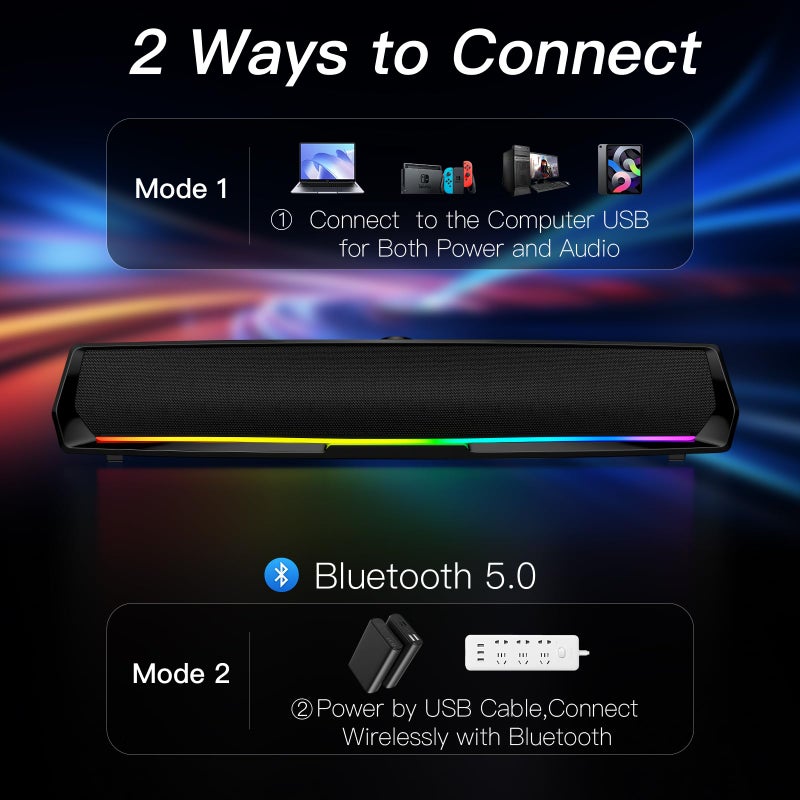 LENRUE Computer Speakers for Desktop,PC Speakers Gaming Sound bar with Colorful Light,USB Speaker With Bluetooth for PCs Desktop Laptop Tablets,Wired Bluetooth Speaker for Phones(Type-C Adapter Included) - Image 3