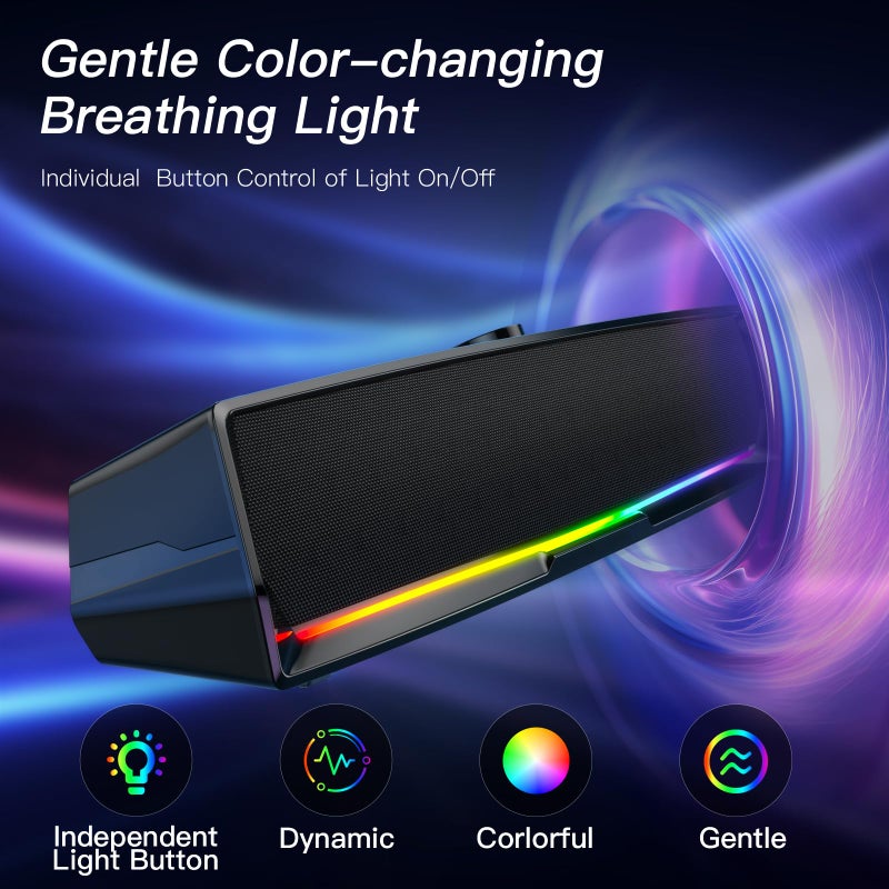 LENRUE Computer Speakers for Desktop,PC Speakers Gaming Sound bar with Colorful Light,USB Speaker With Bluetooth for PCs Desktop Laptop Tablets,Wired Bluetooth Speaker for Phones(Type-C Adapter Included) - Image 4