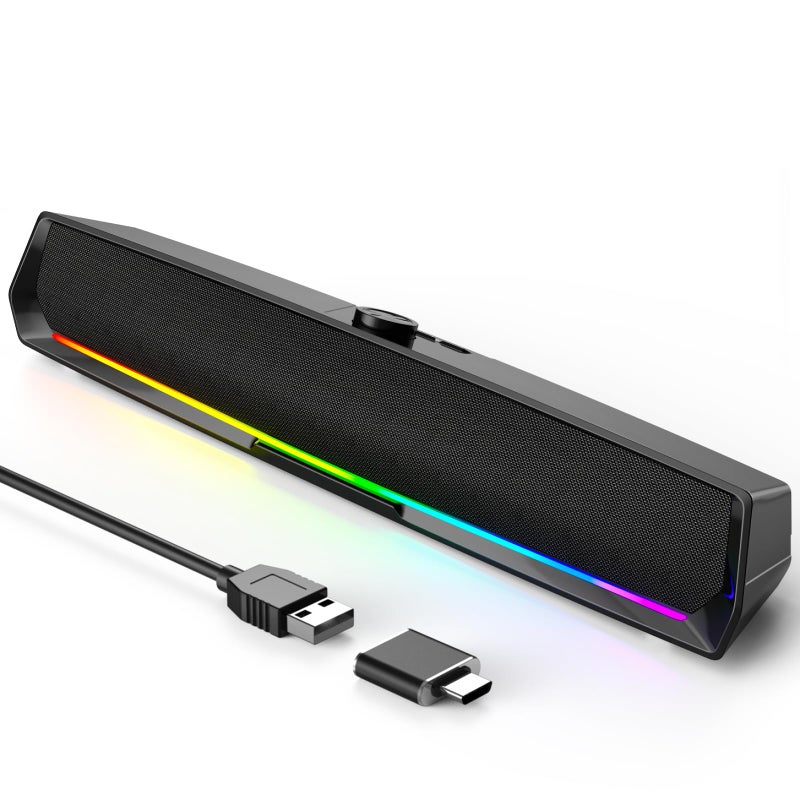 LENRUE Computer Speakers for Desktop,PC Speakers Gaming Sound bar with Colorful Light,USB Speaker With Bluetooth for PCs Desktop Laptop Tablets,Wired Bluetooth Speaker for Phones(Type-C Adapter Included) - Image 1