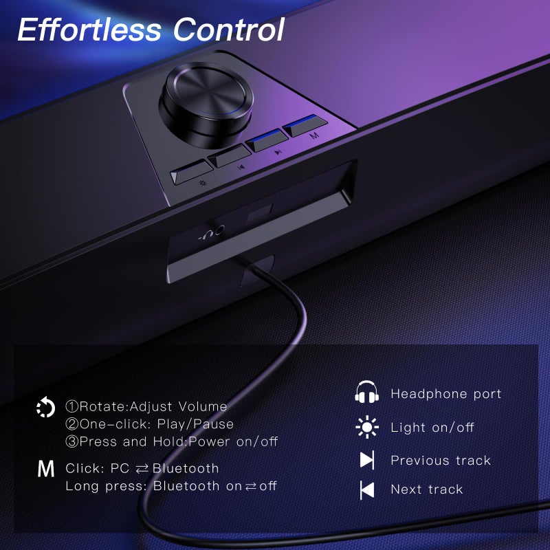 LENRUE Computer Speakers for Desktop,PC Speakers Gaming Sound bar with Colorful Light,USB Speaker With Bluetooth for PCs Desktop Laptop Tablets,Wired Bluetooth Speaker for Phones(Type-C Adapter Included) - Image 5