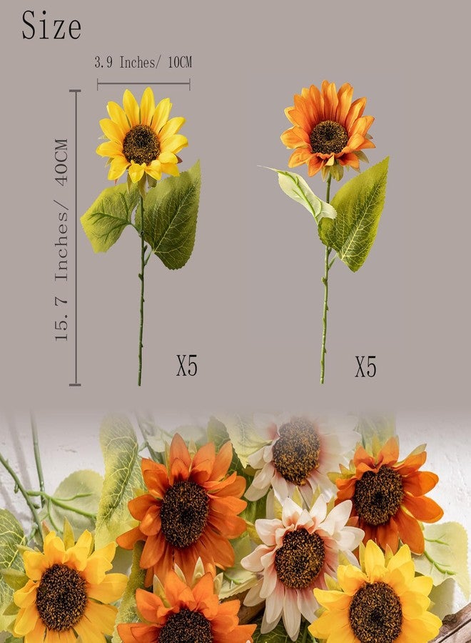 Elecxlink 10 Pack Sunflowers Artificial Flowers - Realistic Fake Sunflowers for Home Decor, UV Resistant Silk Flowers for Wedding Centerpieces Farmhouse Office Outdoor Decoration (5 Yellow & 5 Orange) - Image 2