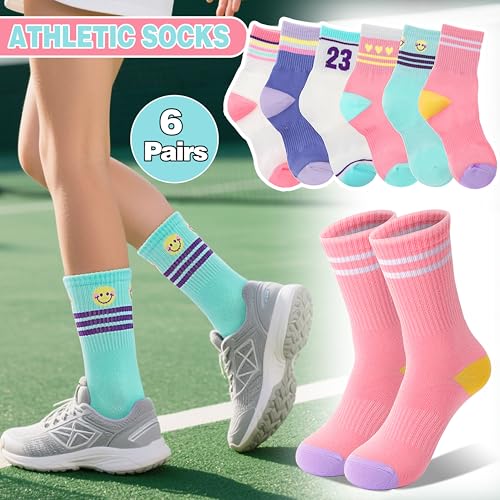 Sandsuced Kids Girls Socks Athletic Sport Basketball Youth Cotton Crew Soft White Pink Heart Gift Outdoor Socks 6 Pairs Stocking Stuffers(Candy Stripe Heart,5-8 Years) - Image 5