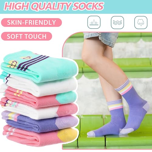 Sandsuced Kids Girls Socks Athletic Sport Basketball Youth Cotton Crew Soft White Pink Heart Gift Outdoor Socks 6 Pairs Stocking Stuffers(Candy Stripe Heart,5-8 Years) - Image 3