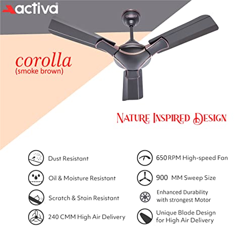 ACTIVA Corolla 900mm Ceiling Fan | 45W | 575 RPM High Speed | Anti Dust | High Air Delivery | Smoke Brown | Pack of 1 - Image 2