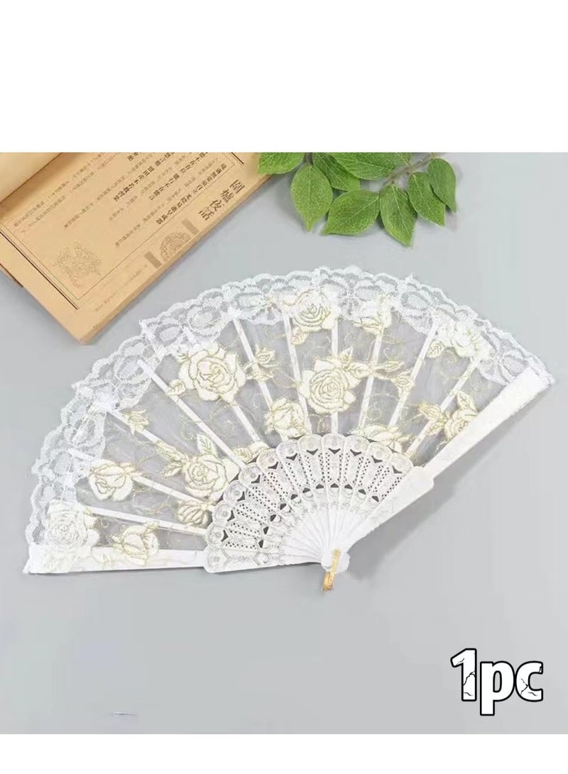 1pc Rose Lace Floral Folding Hand Fan Chinese Retro Folding Fan Bridal Dance Props Wedding Gift Party Favor Without Gift Bag (White) - Image 1