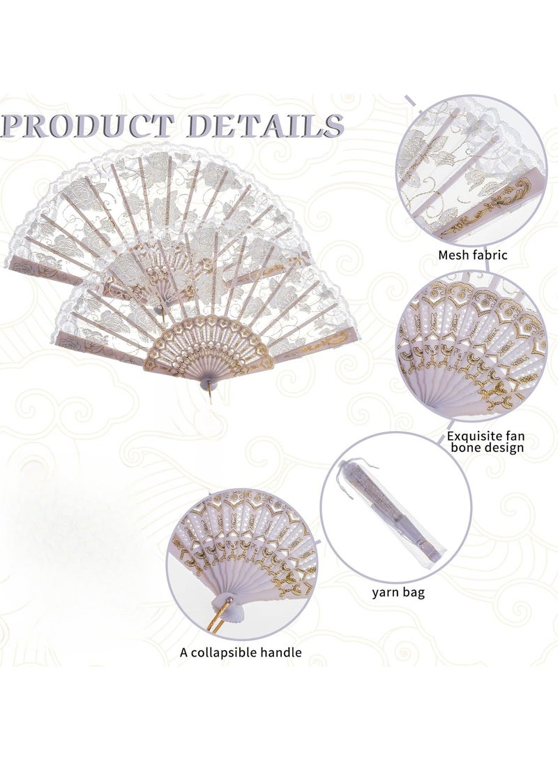 1pc Rose Lace Floral Folding Hand Fan Chinese Retro Folding Fan Bridal Dance Props Wedding Gift Party Favor Without Gift Bag (White) - Image 2