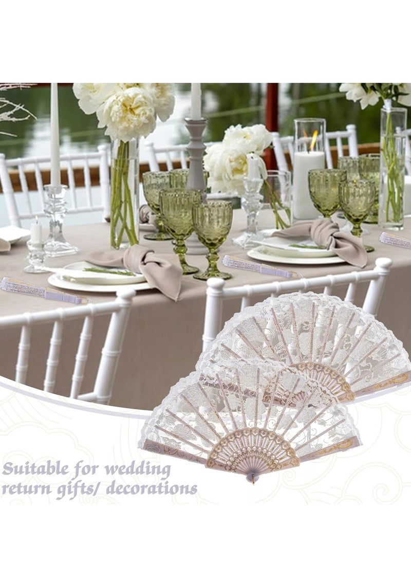 1pc Rose Lace Floral Folding Hand Fan Chinese Retro Folding Fan Bridal Dance Props Wedding Gift Party Favor Without Gift Bag (White) - Image 3