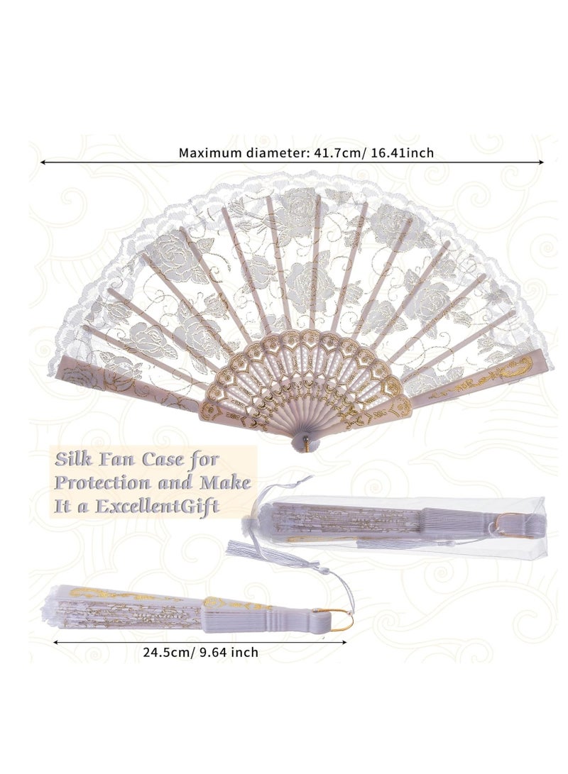 1pc Rose Lace Floral Folding Hand Fan Chinese Retro Folding Fan Bridal Dance Props Wedding Gift Party Favor Without Gift Bag (White) - Image 4