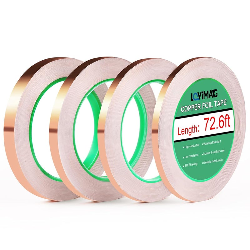 LOVIMAG Copper Tape, Copper Foil Tape 4 Sizes (0.2/0.24/0.3/0.4Inch) x72.6FT, Copper Foil Tape Conductive Adhesive for Stained Glass, Guitar and EMI Shielding, Crafts, Electrical Repairs, Grounding - Image 1
