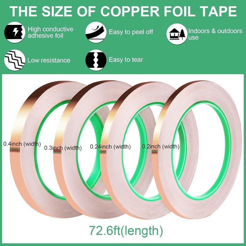 LOVIMAG Copper Tape, Copper Foil Tape 4 Sizes (0.2/0.24/0.3/0.4Inch) x72.6FT, Copper Foil Tape Conductive Adhesive for Stained Glass, Guitar and EMI Shielding, Crafts, Electrical Repairs, Grounding - Image 3
