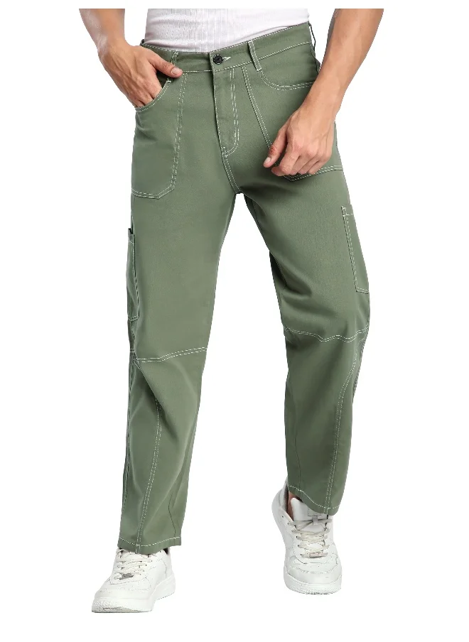 Beyoung Pale Olive Patch Pocket Contrast Stitch Cargo Pants