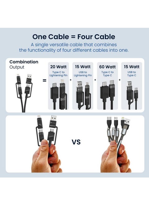 Portronics Omnicord 60W 4 in 1 Nylon Braided Fast Charging Cable With Multiple Port, Type C to Type C/Lightening, USB A, Fast Data Sync, Compatible With Type C Devices, Tablets/ipads & Laptop/Macbook